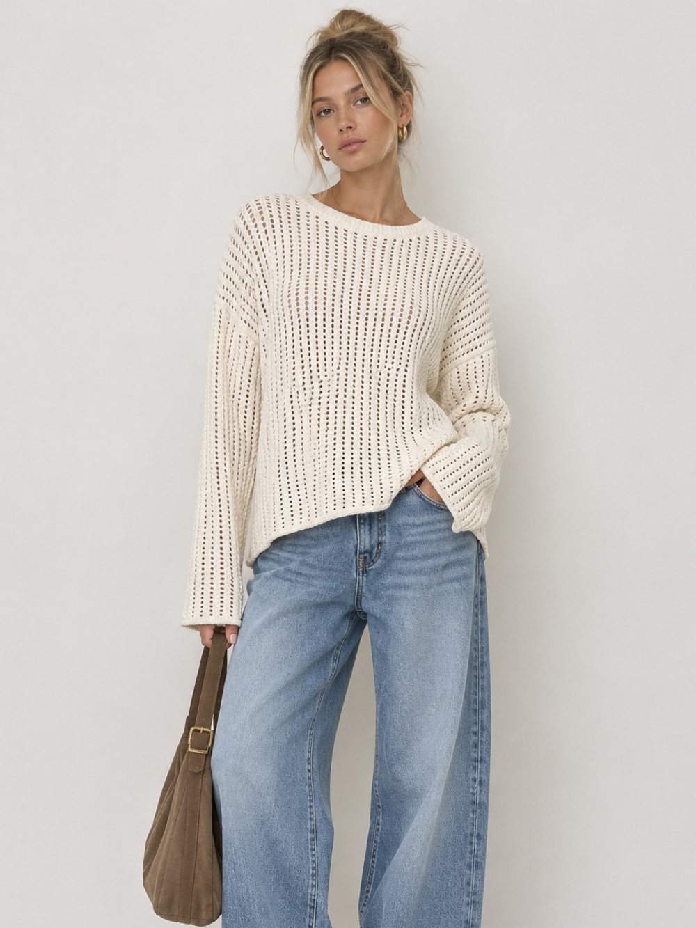 Zara Crochet Open Knit Sweater Large Cream Coastal Chic Minimalist Fall Boho